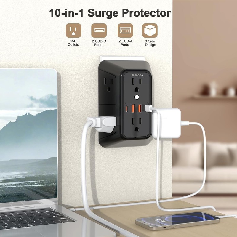 Extender Surge Protector - 6 Outlet Splitter with 4 USB Ports (2 USB C), Multipl gallery