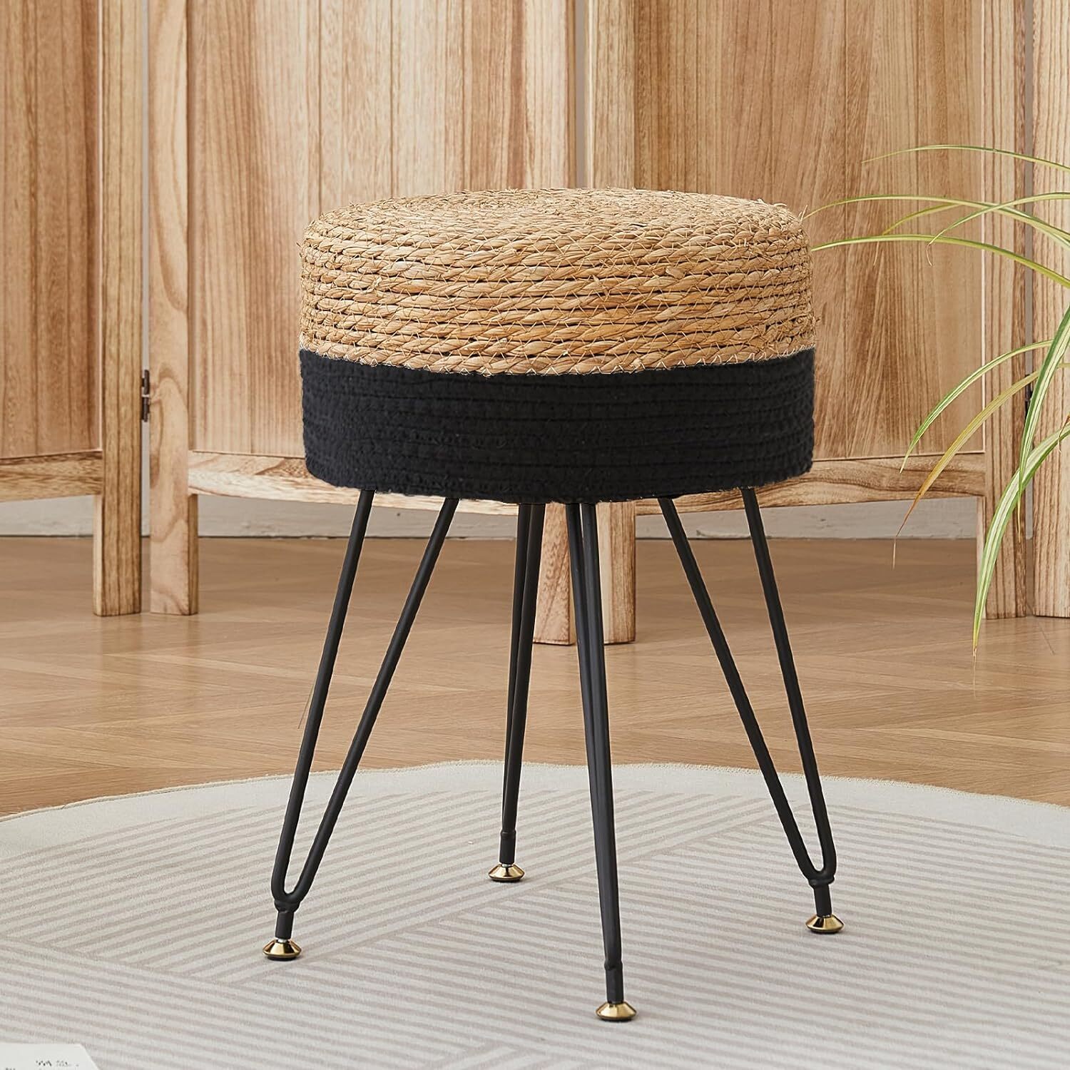Vanity Makeup Stool, Hand Weave Natural Seagrass Footstool Ottoman, Black gallery