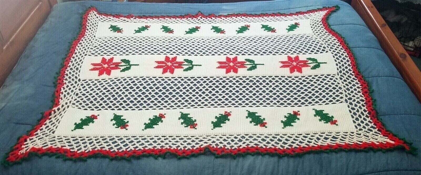 Crochet CHRISTMAS AFGHAN Throw BLANKET Poinsettia Holly & Berries Handmade gallery