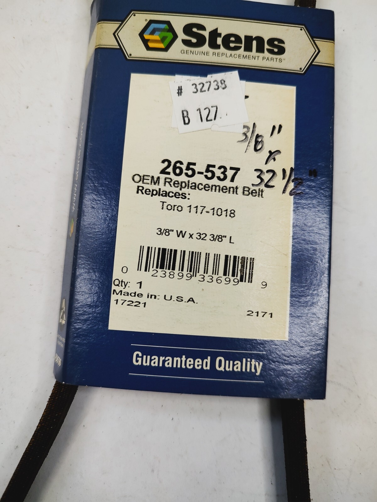 Stens 265-537 OEM Replacement Belt For Toro 117-1018 3/8" W x 32 3/8" L NOS gallery