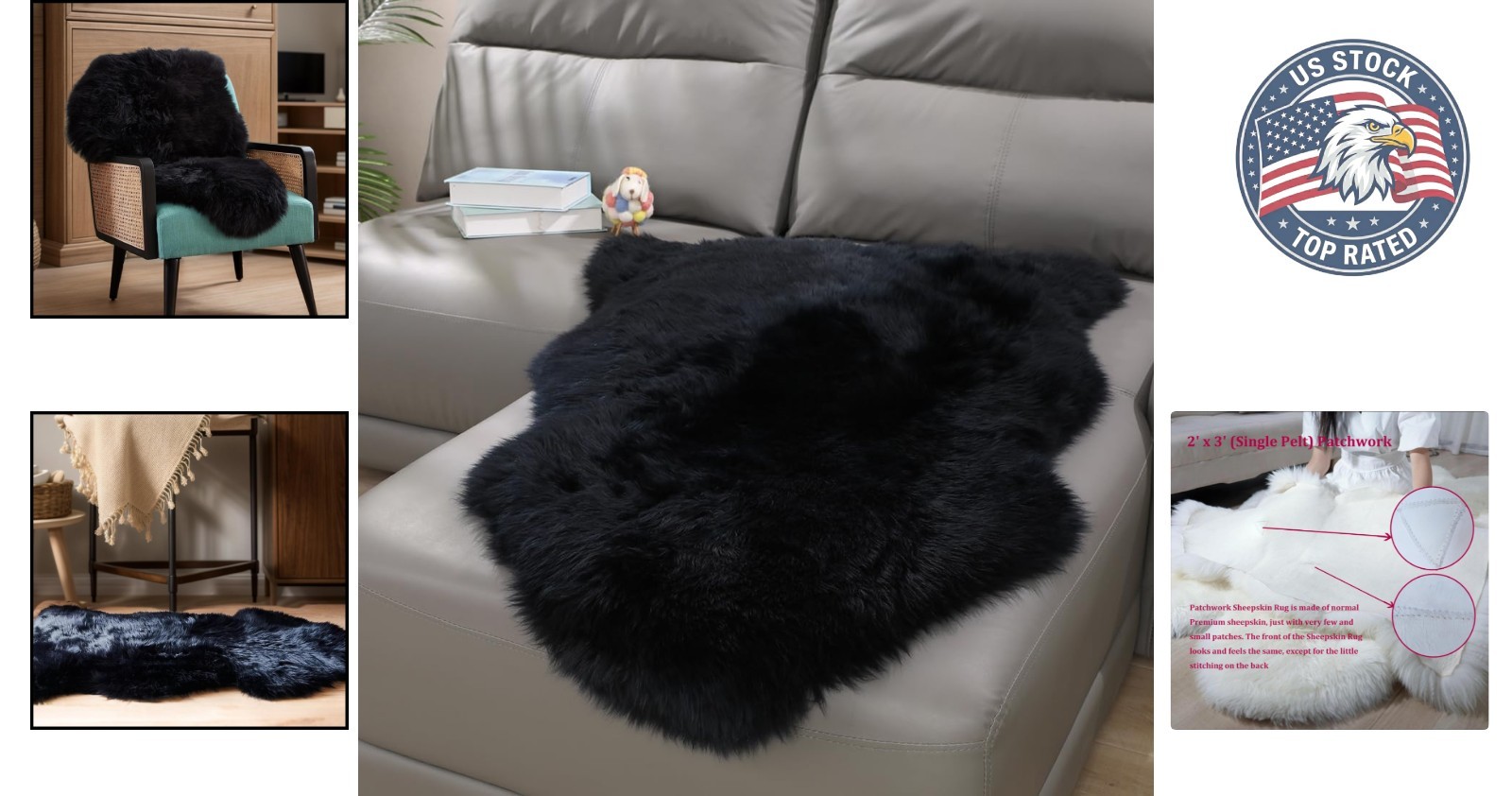 Genuine Sheepskin Rug 2ft x 3ft | Luxurious Fluffy Black Carpet for Living Room gallery