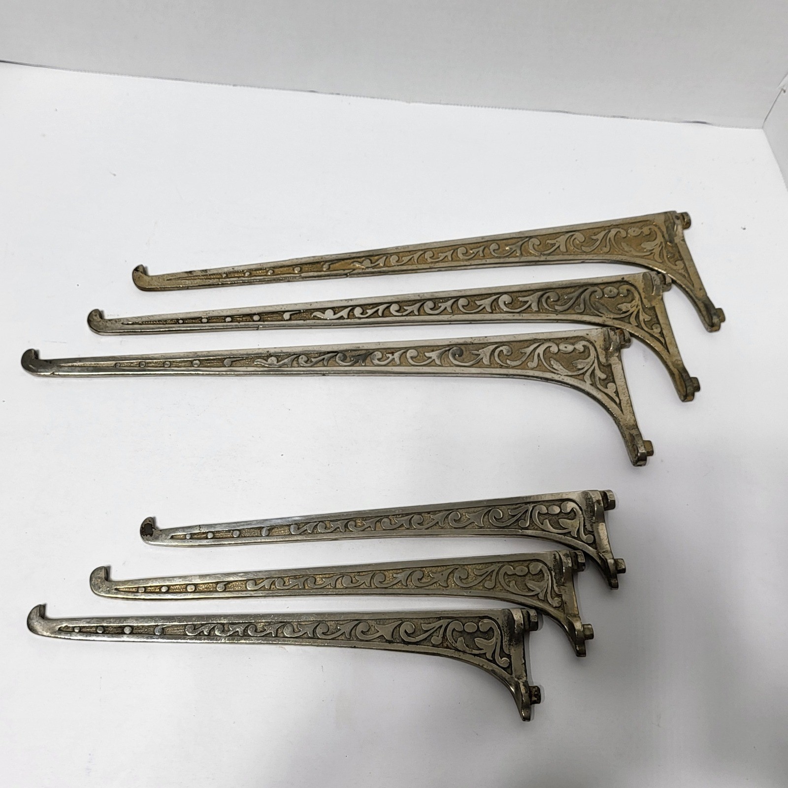 Set of 6 Ornate Scrollwork Shelf Brackets Silver Tone Cast Metal Victorian Style gallery