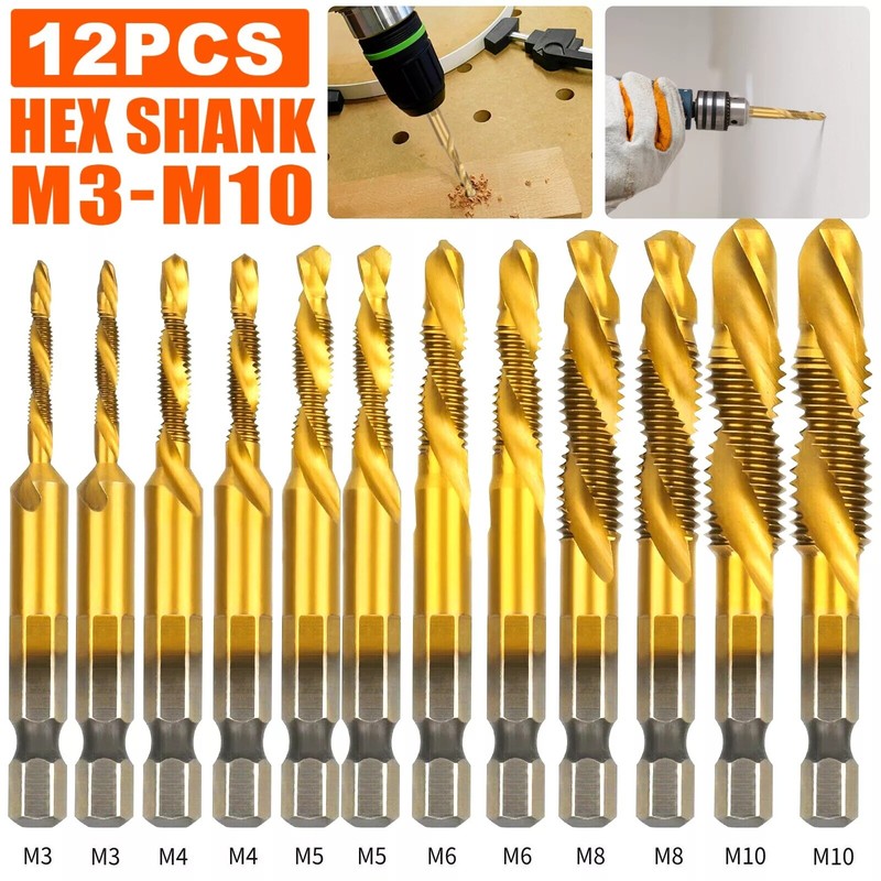 12Pcs HSS Titanium Coated Twist Drill Bit Set M3-M10 Hex Shank For wood Metal gallery
