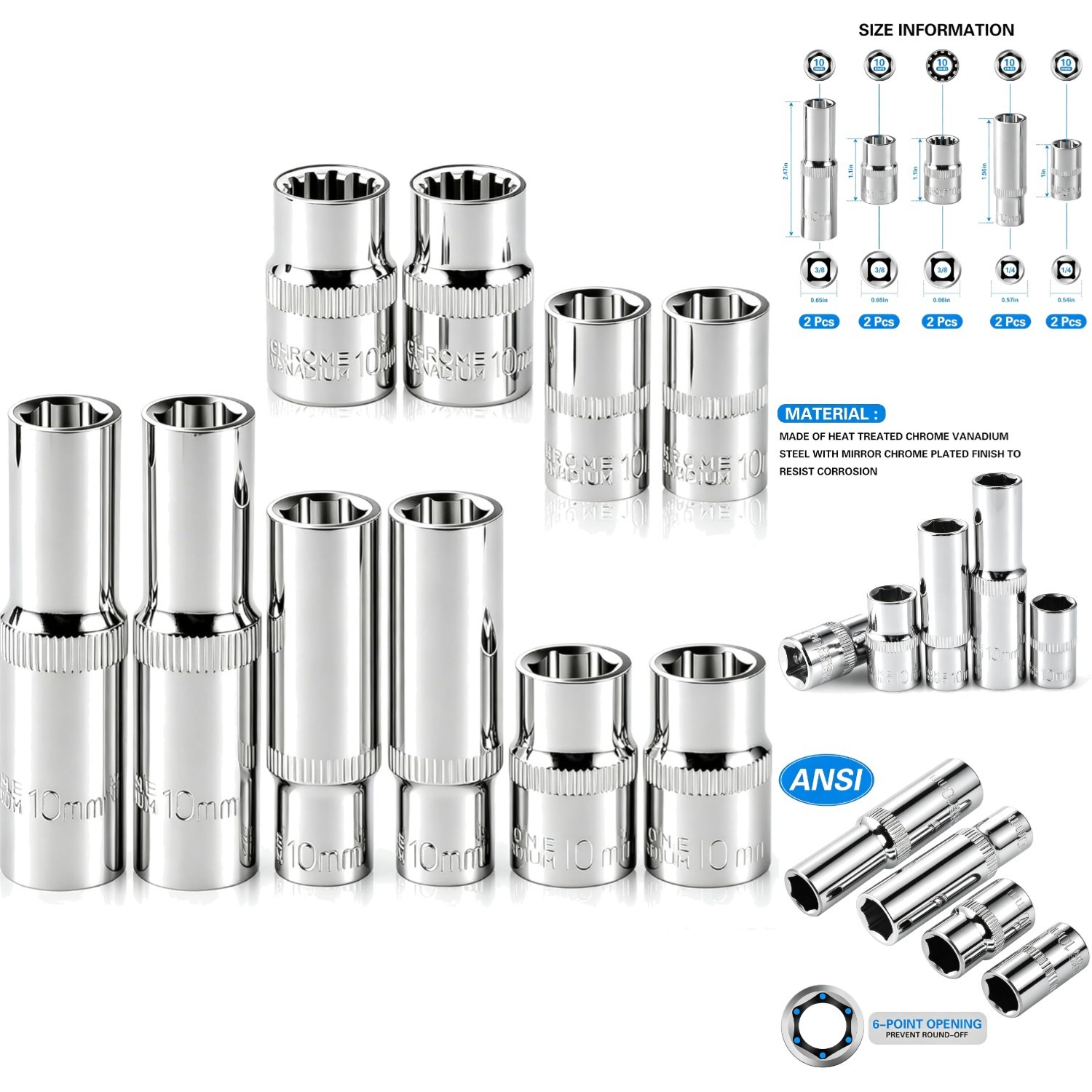 10pc 10mm Socket Set 1/4 & 3/8 Drive Impact Sockets Deep Shallow 6 & 12 Pt Cr-V gallery