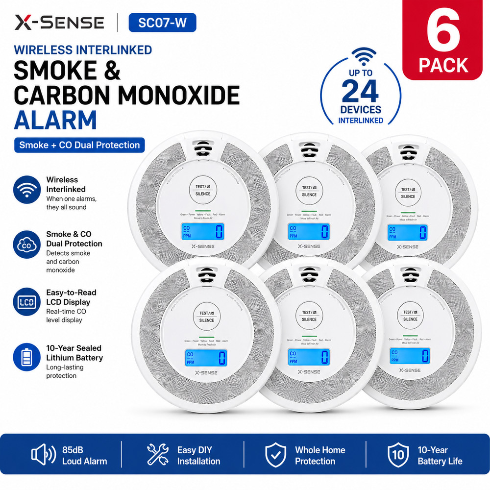 6 Pack X-Sense Wireless Interconnected Smoke & Carbon Monoxide Alarm SC07-W LCD