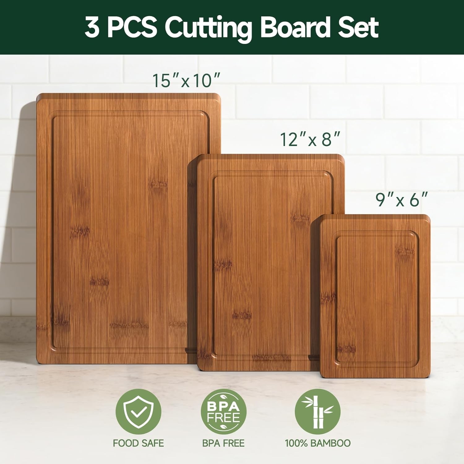 3-Piece Set Bamboo Cutting Board for Kitchen Crack-Resistant with Deep Juice Gro gallery