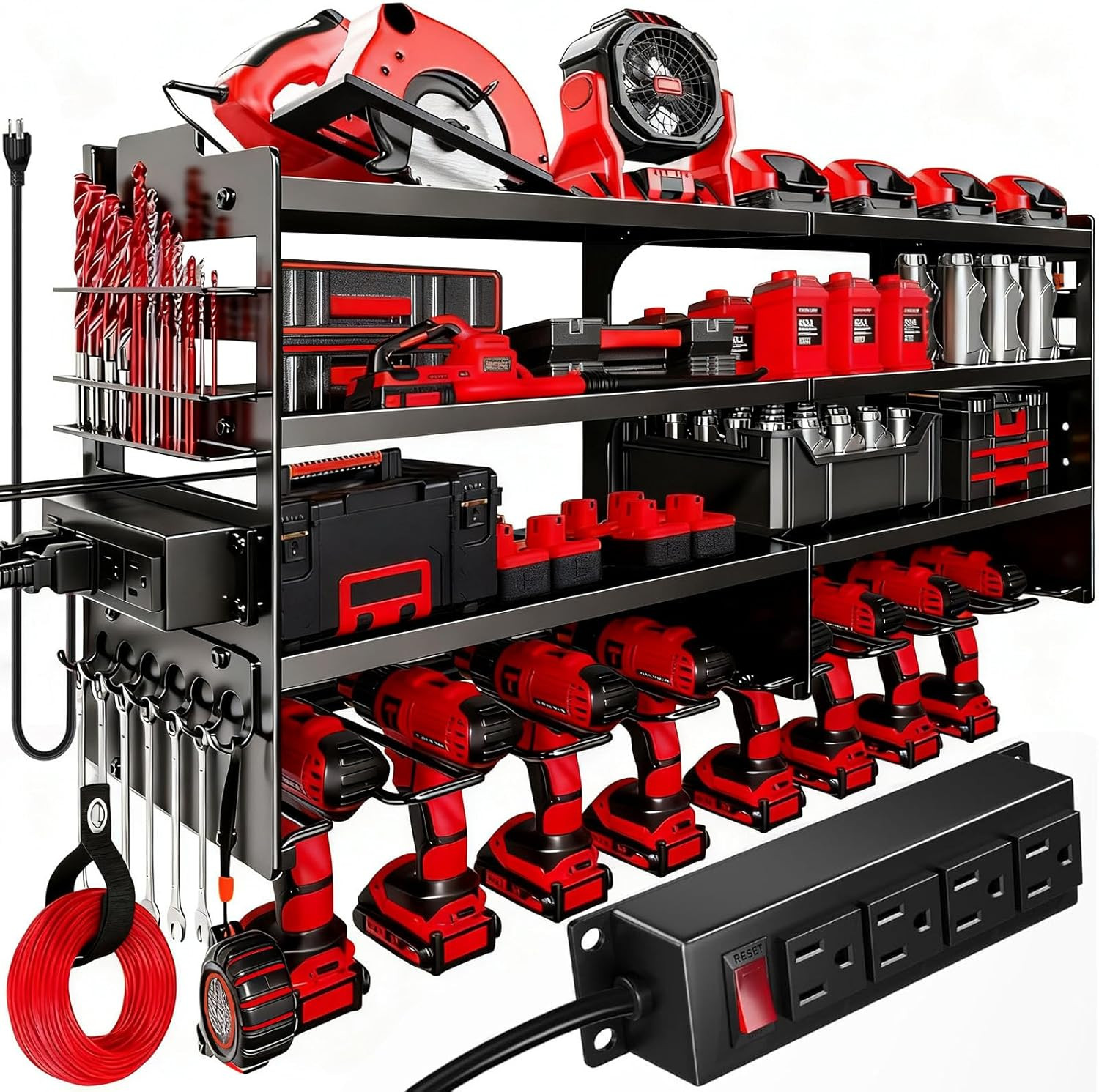 33" W Power Tool Organizer with Charging Station, 4 Layers Heavy Duty Metal Tool gallery