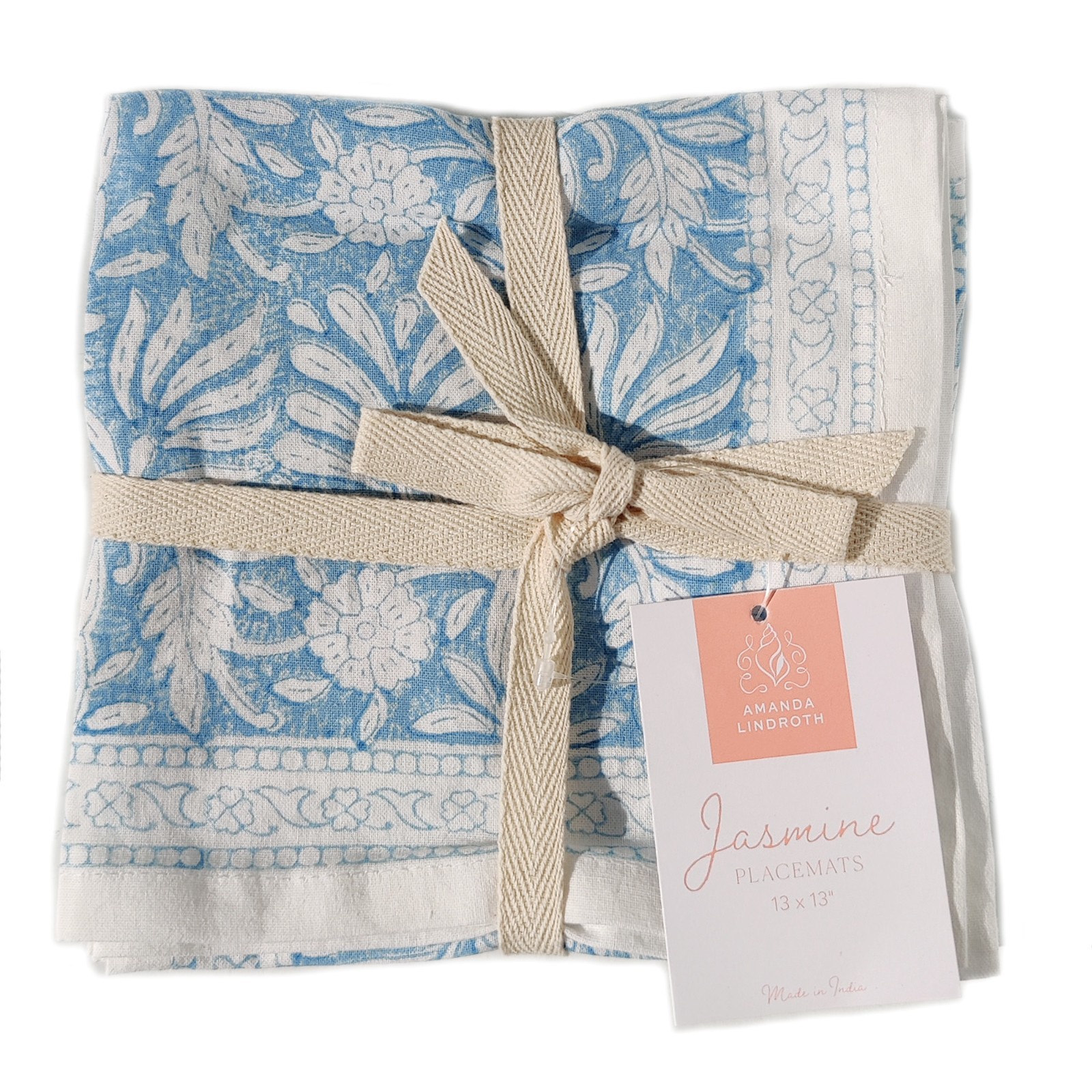 Amanda Lindroth Jasmine Linen Placemats 13" Square in Blue 100% Cotton Set of 4 gallery