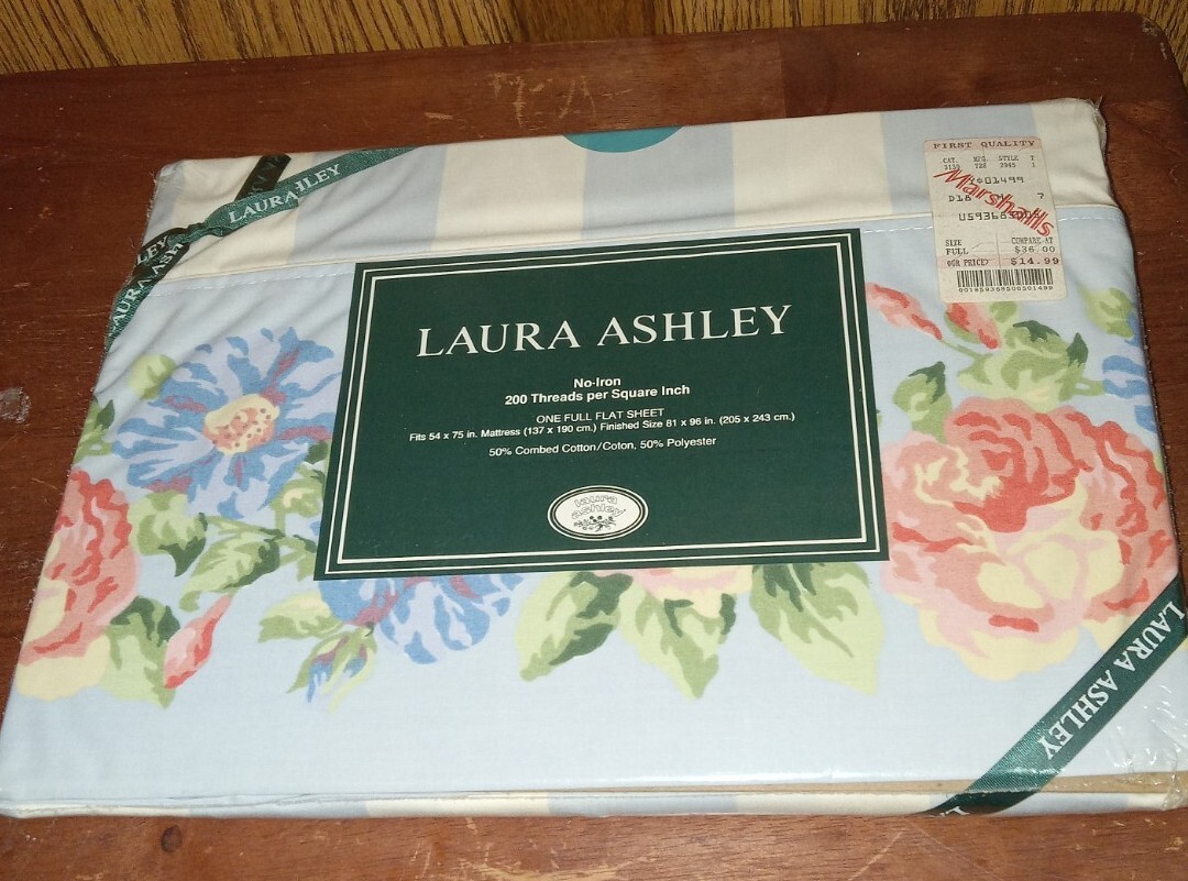 Laura Ashley Flat Sheet Geranium Stripe Full Flat Sheet 81" x 96" Finished NEW! gallery