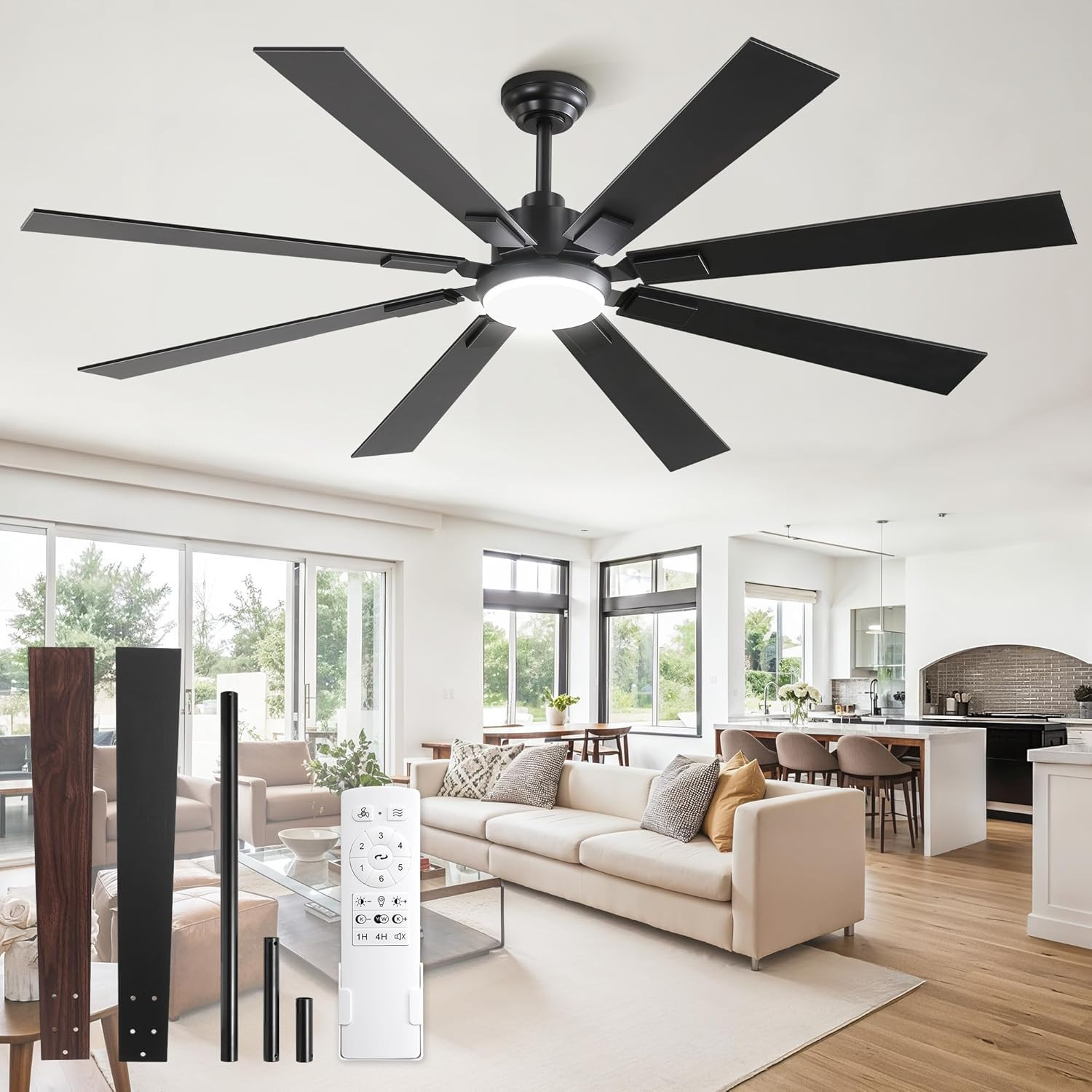 65" Black Ceiling Fan with Lights & Remote, 6 Speed, Quiet Reversible Motor gallery