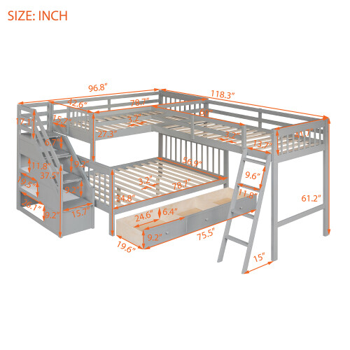 L Shaped Bunk Bed Triple Bunk Bed with 3 Drawers and Storage Stair Wood Loft Bed gallery