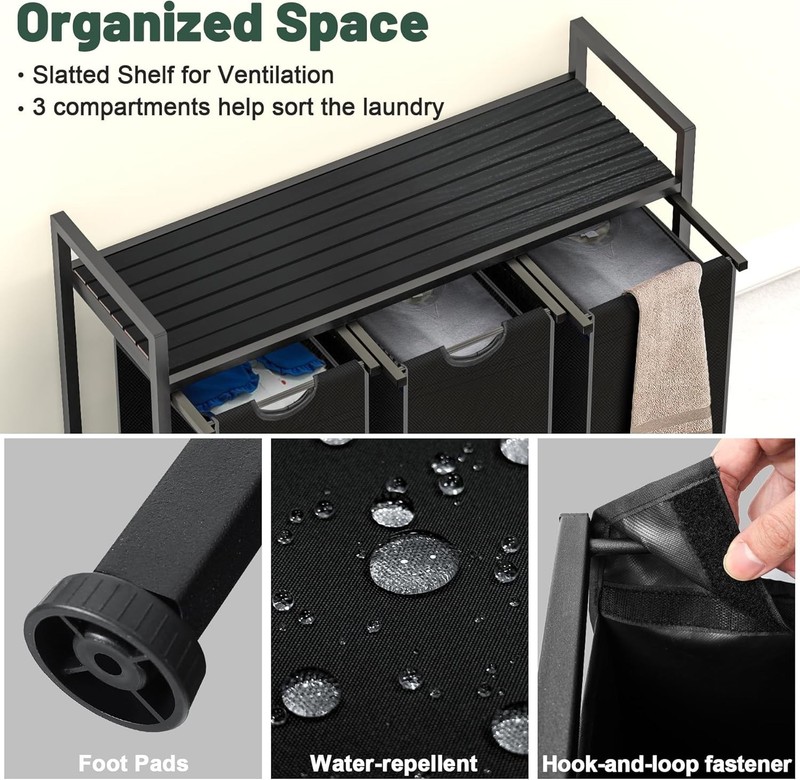Laundry Sorter with 3 Pull-Out Removable Oxford Fabric Black Bags Laundry Basket gallery