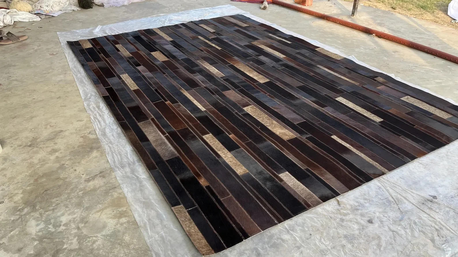 Modern Handmade Patchwork Leather Area Rug Dark Brown Striped Carpet Living Room gallery