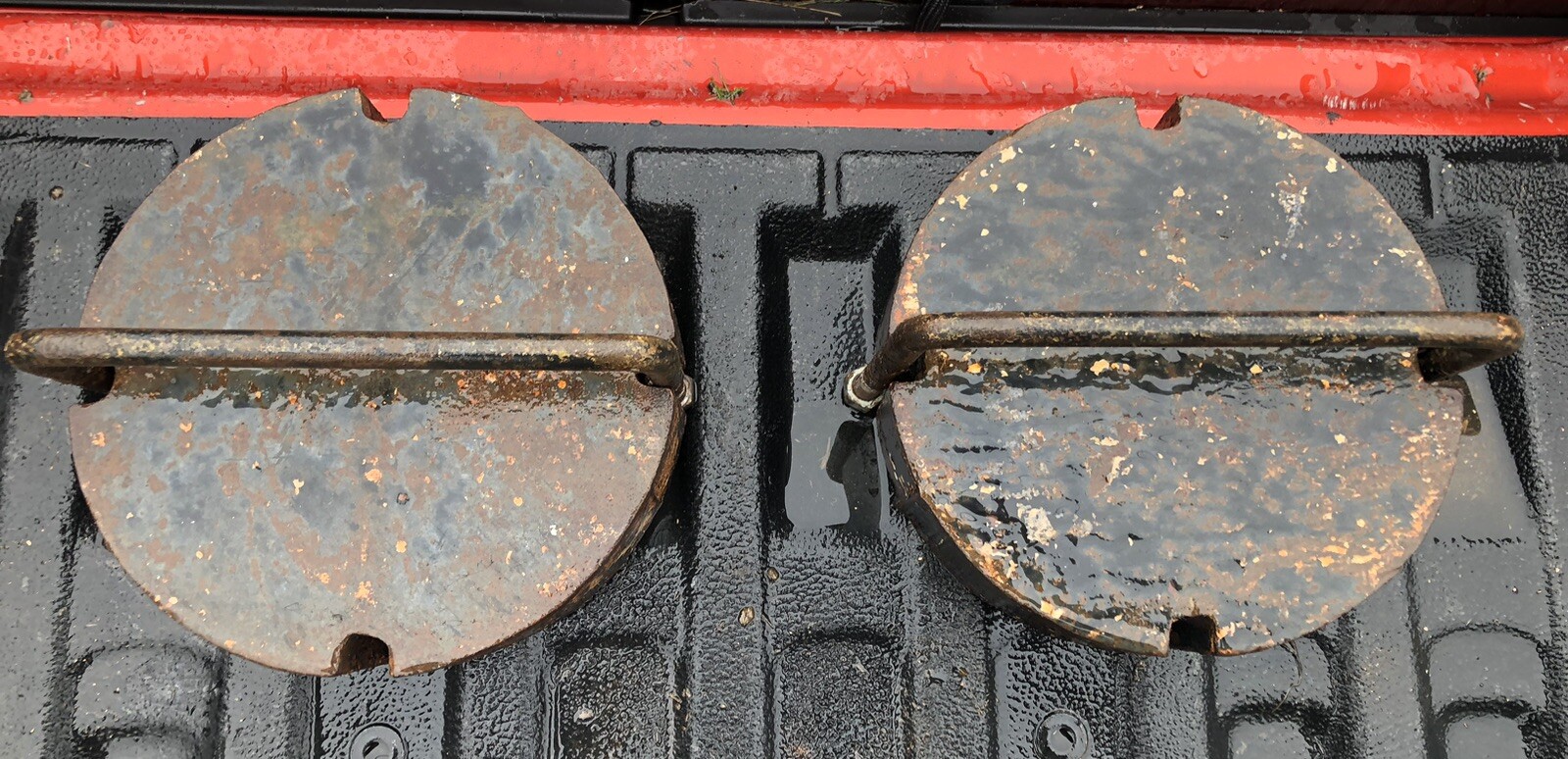 Set Of Two 52 Pound Garden Tractor Cast Iron Wheel Weights With U Bolts 8 & 3/4" gallery
