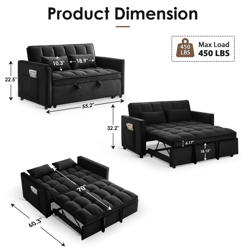 3 in 1 Convertible Sleeper Sofa Bed, Velvet Pull Out Futon Couch gallery