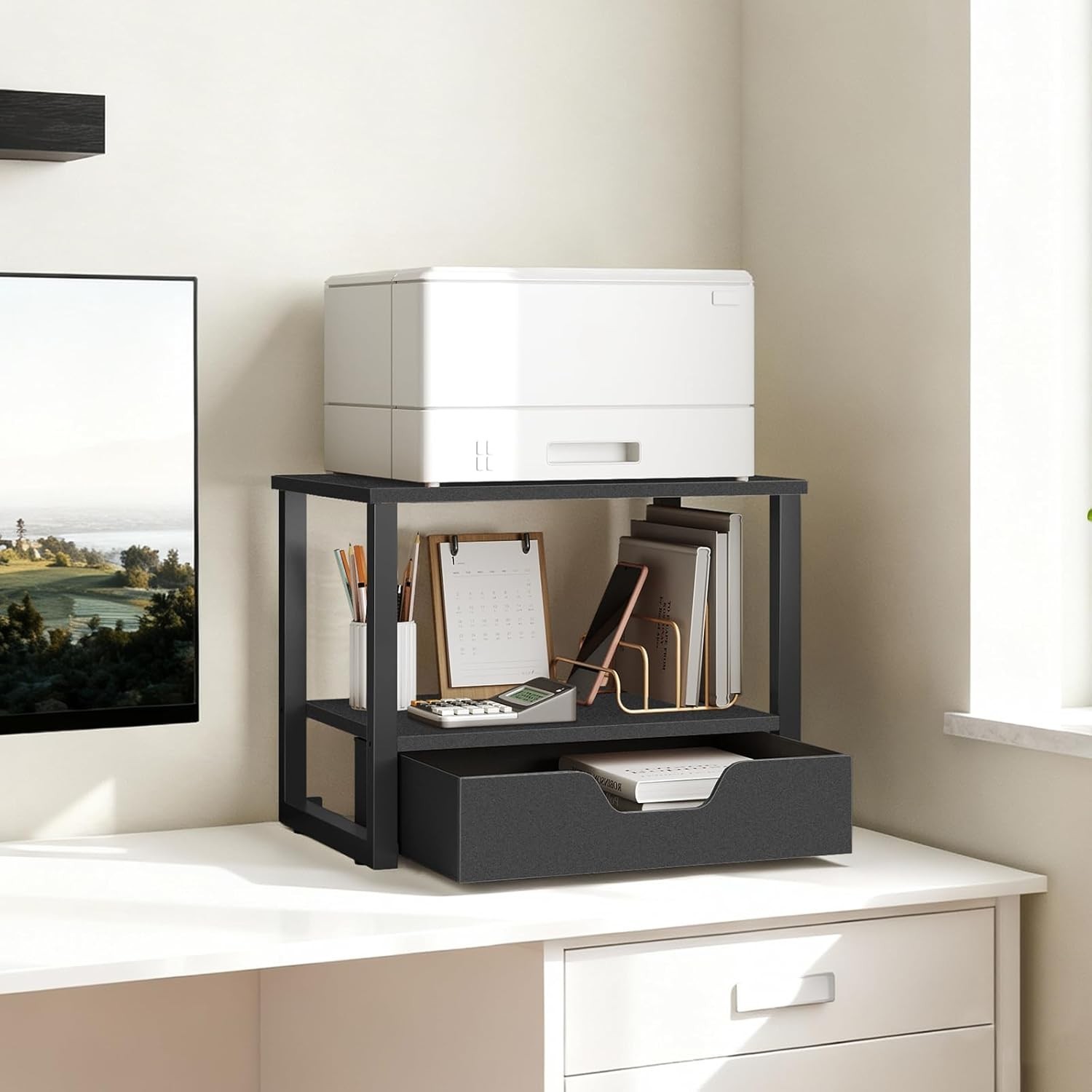 2-Tier Desktop Printer Stand with Drawer, Under-Desk Printer Table with Storage gallery
