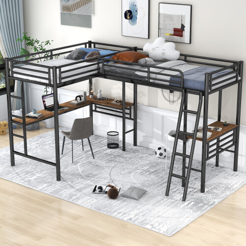 Heavy Duty Metal Triple Bunk Bed L-Shaped Loft Bed with Desk Platform Bed Frames gallery