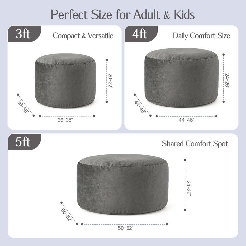 3FT Medium Memory Foam Bean Bag Chair, Soft Washable Velvet Cover - Grey, Ideal gallery
