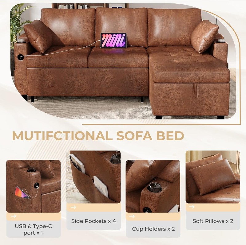 Leather Sleeper Sofa Bed Couch Pull Out w Storage Chaise USB Port Cup Holders gallery