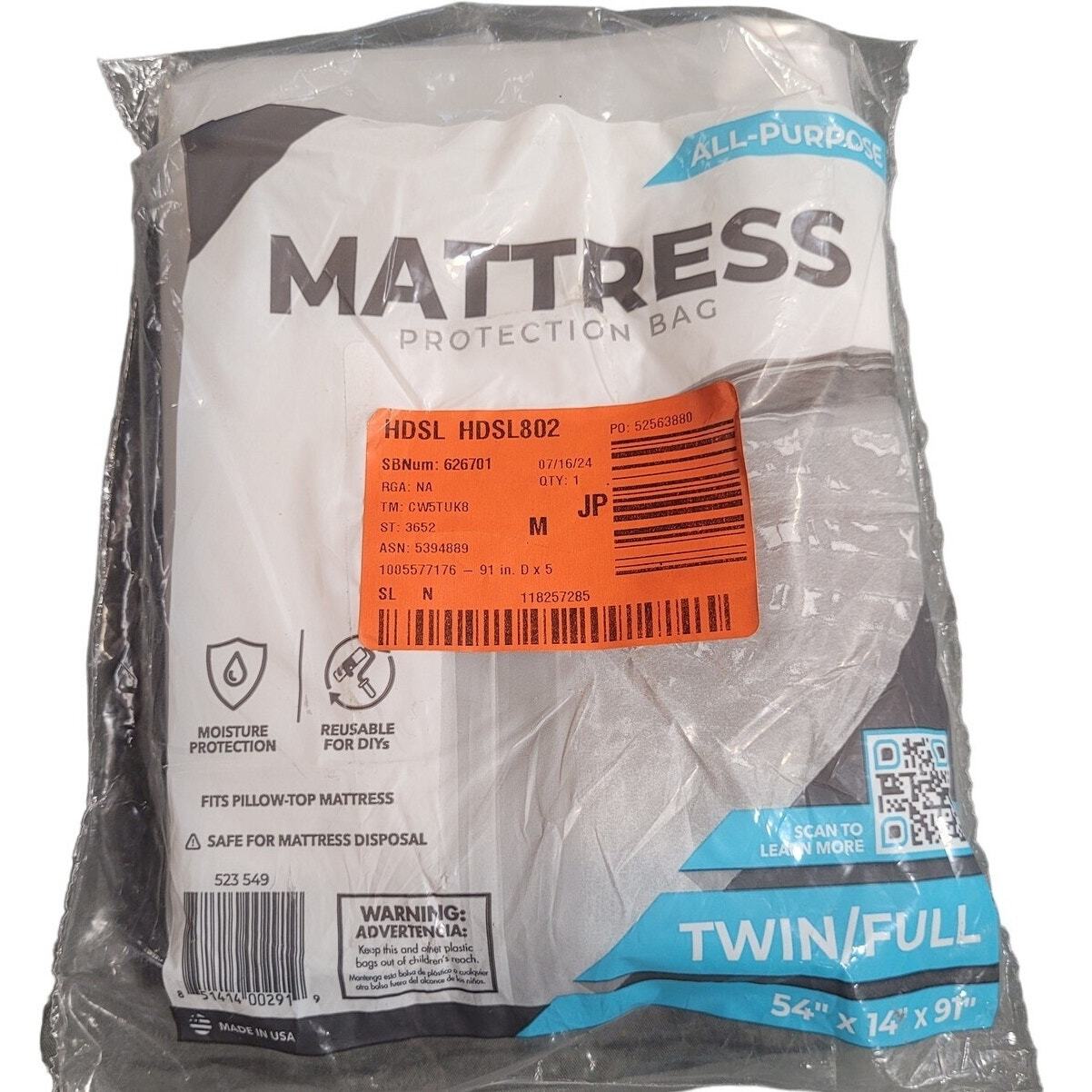 Pratt Retail Specialties 91 in. x 54 in. x 14 in. Twin and Full Mattress Bag gallery