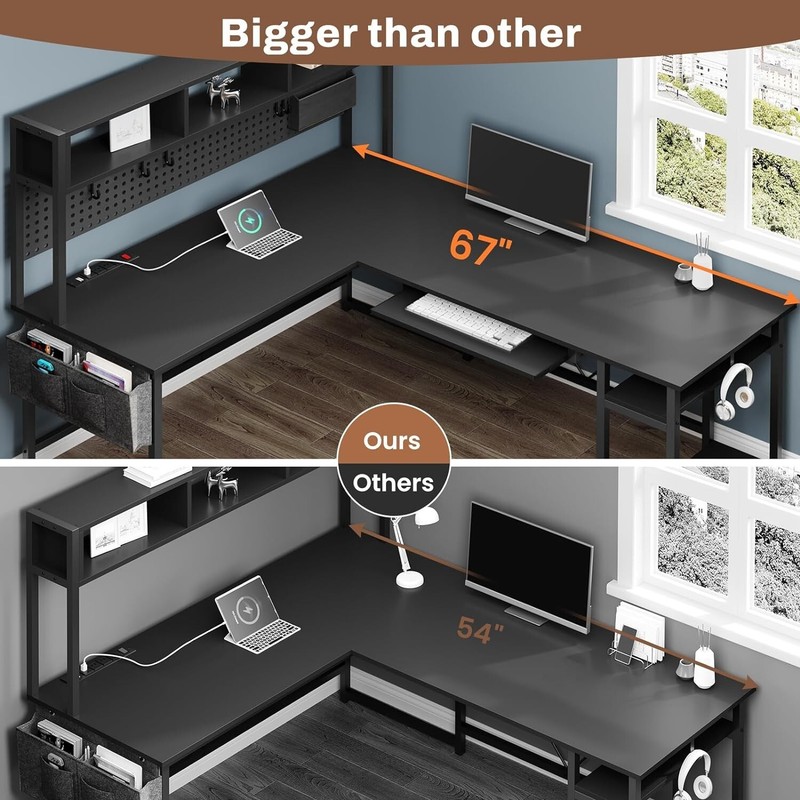 L Shaped Gaming Desk, Reversible Computer Desk with Power Outlet and Pegboard gallery
