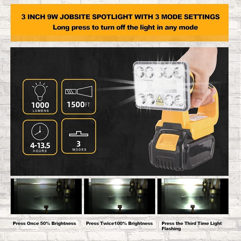 9W 1000LM Cordless LED Work Light For DeWalt 20V MAX Li-ion Battery DCB207 w/USB gallery
