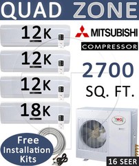 Quad Zone Mini Split Ductless Air Conditioner Heat 12000 x 3 + 18000 BTU + KITS