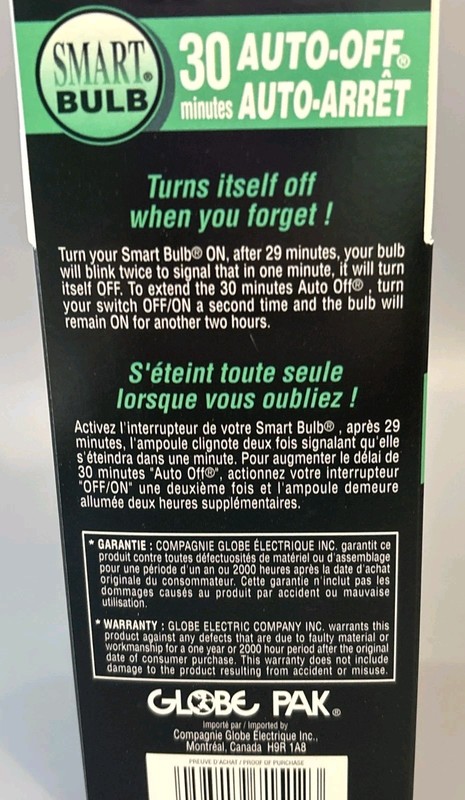 Globe Smart Bulb 30 Min Auto-Off 60W Soft Start Timer Light Bulb 71512 New Box gallery