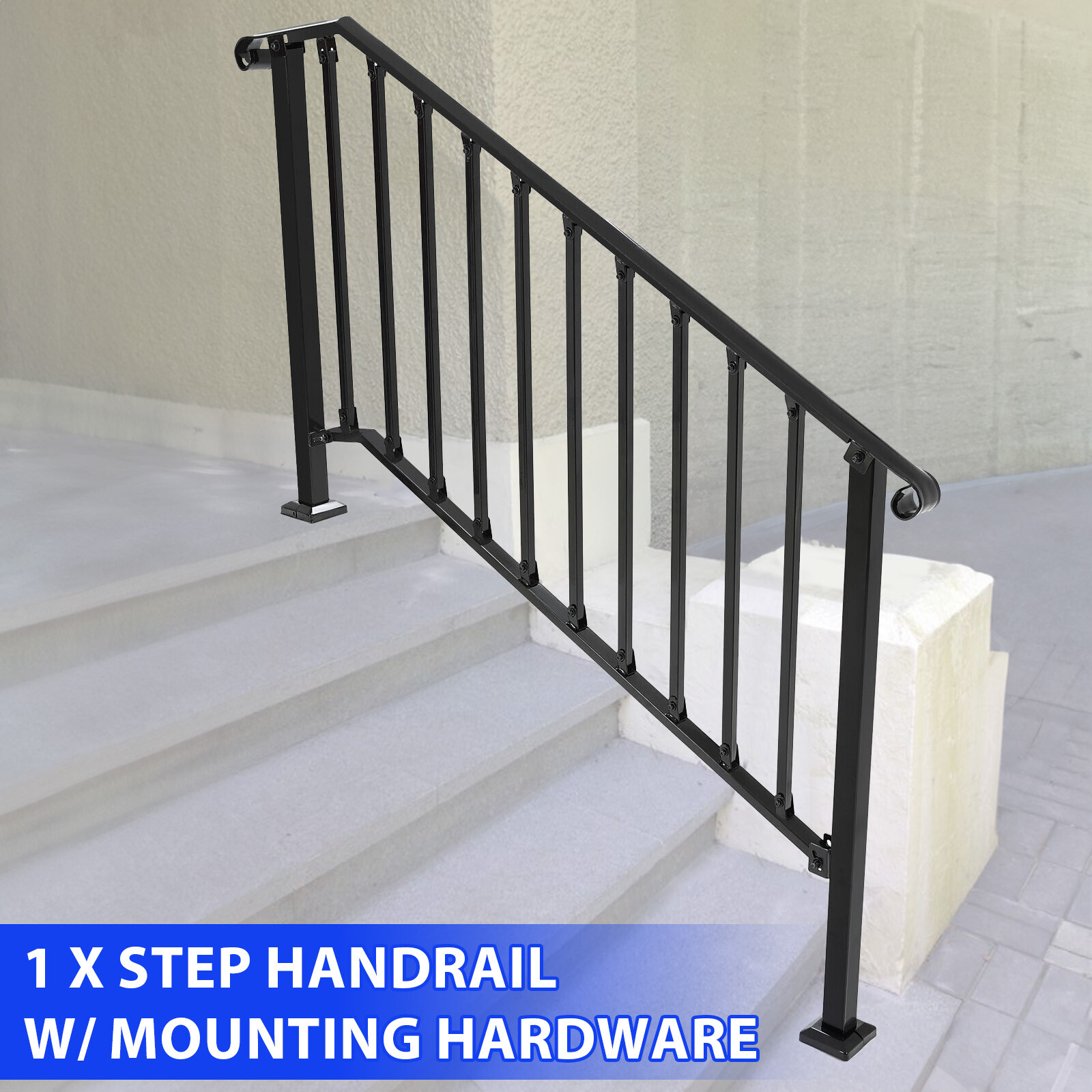 Adjustable Handrail Fit 4 or 5 Steps Stair Railing Hand Rail Outdoor Steel Black gallery