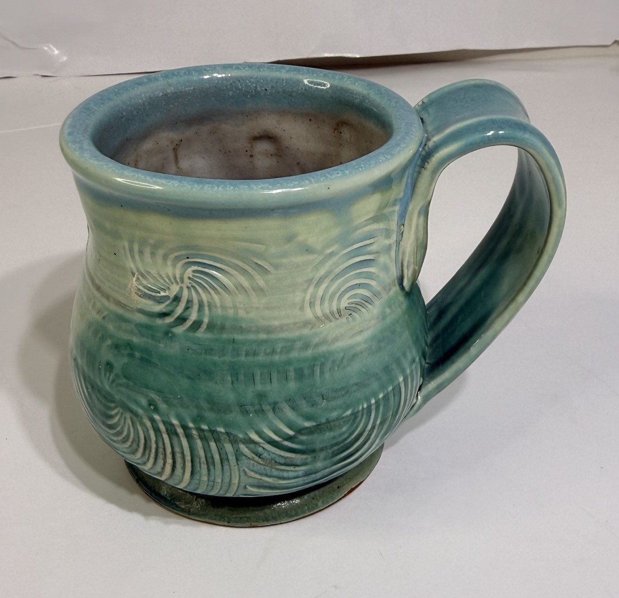 Studio Pottery Coffee Mug Cup Green Wave Design Signed Beach Salt Life gallery