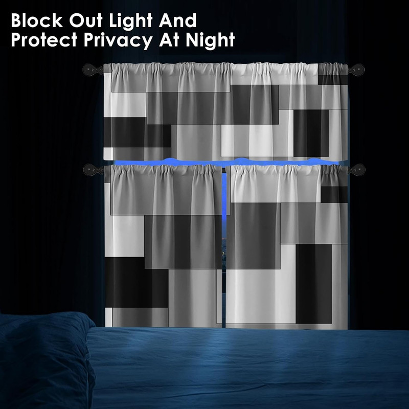 Black Grey Kitchen Window Curtains Valance and Tier Set, Dark Grey White Modern gallery