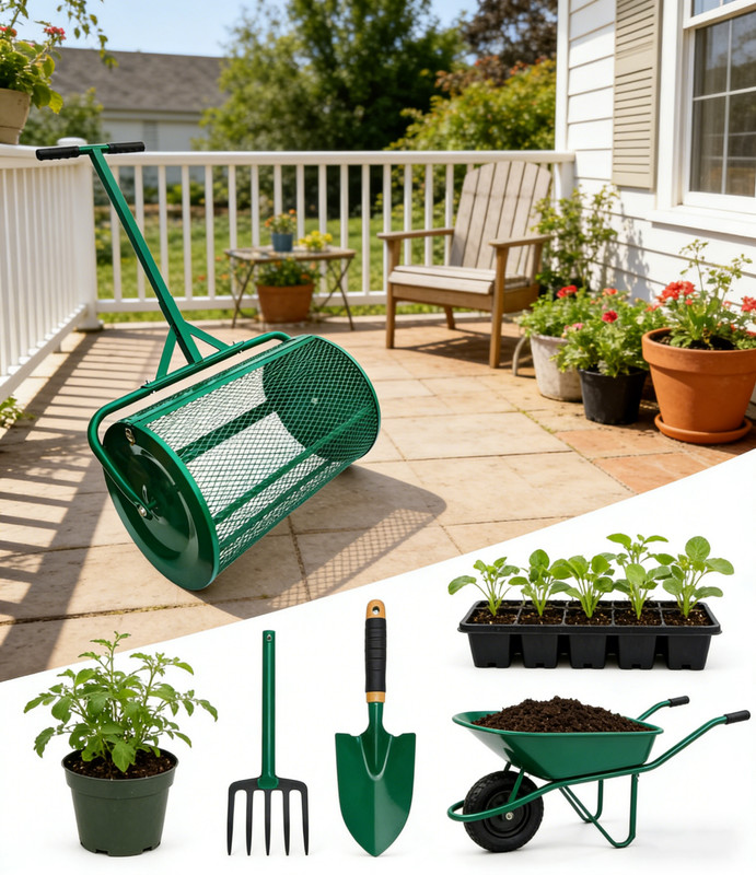 24" Compost Spreader Peat Moss Spreader Roller Steel Mesh Basket for Garden&Lawn gallery