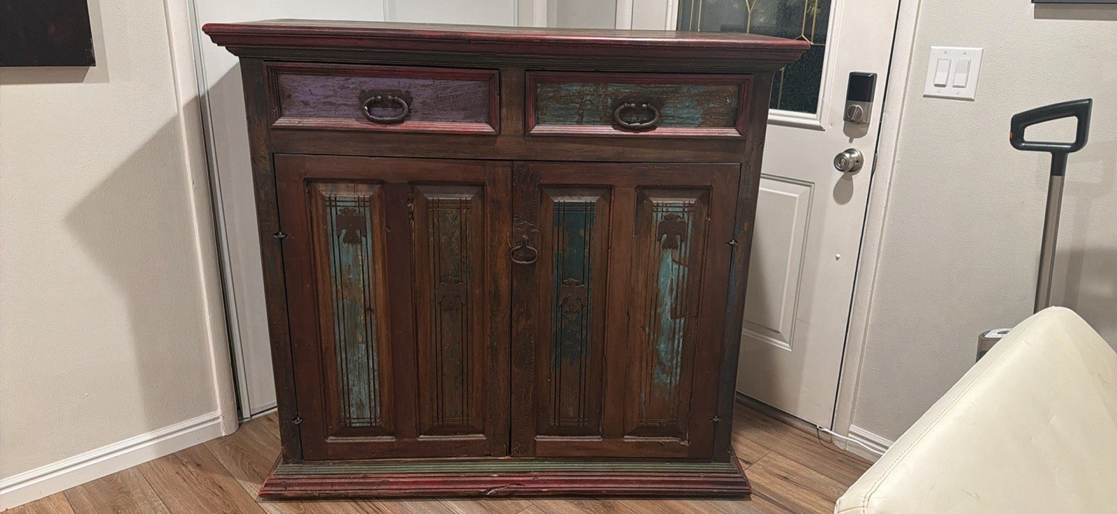 Rustic Distressed Wood Freestanding Cabinet, 2 Doors 2 Drawers, Shelf Handles gallery
