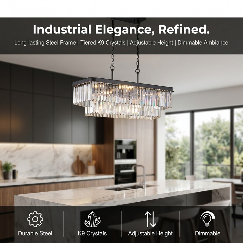 34 in Black Rectangular LED Crystal Chandelier 11 Light Pendant Kitchen Fixture gallery