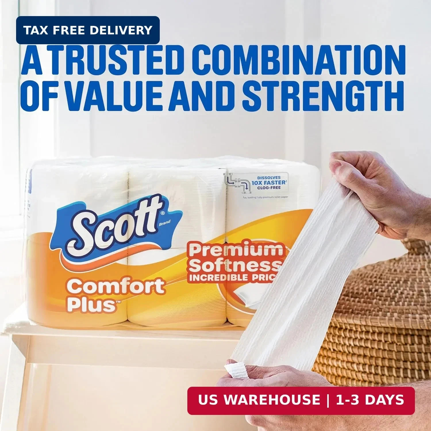 Scott ComfortPlus Toilet Paper, 12 Triple 231 sheets (Pack of 12), White gallery