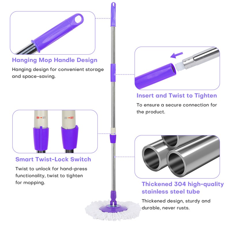 360° Rotating Spinning Mop Pole Handle Replacement Floor Cleaning Tool + 2 Heads gallery