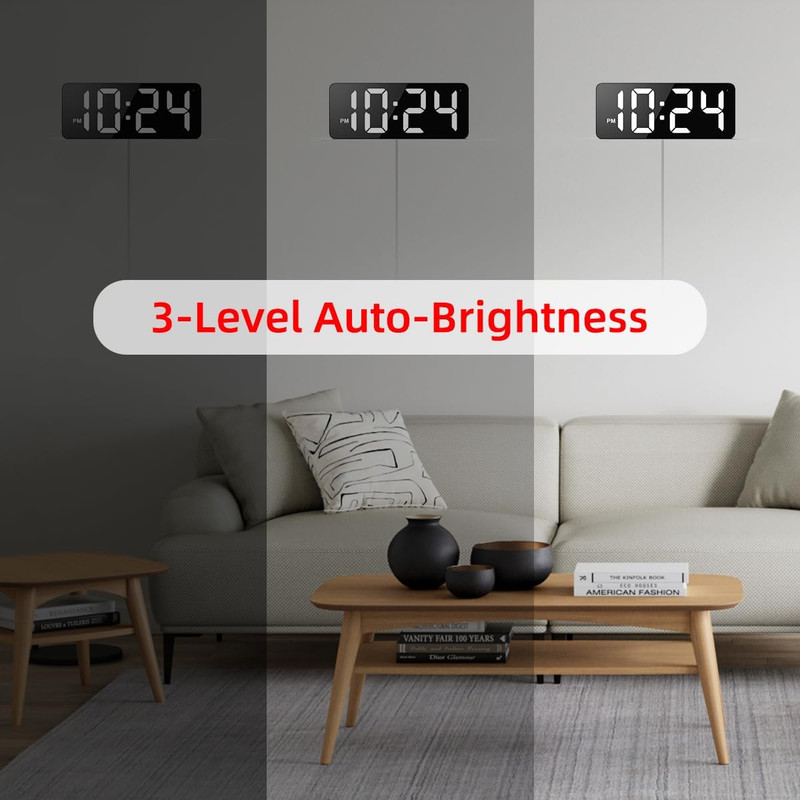 LED Digital Wall Clock with Large Display, Big Digits, Auto-Dimming, 12/24Hr For gallery