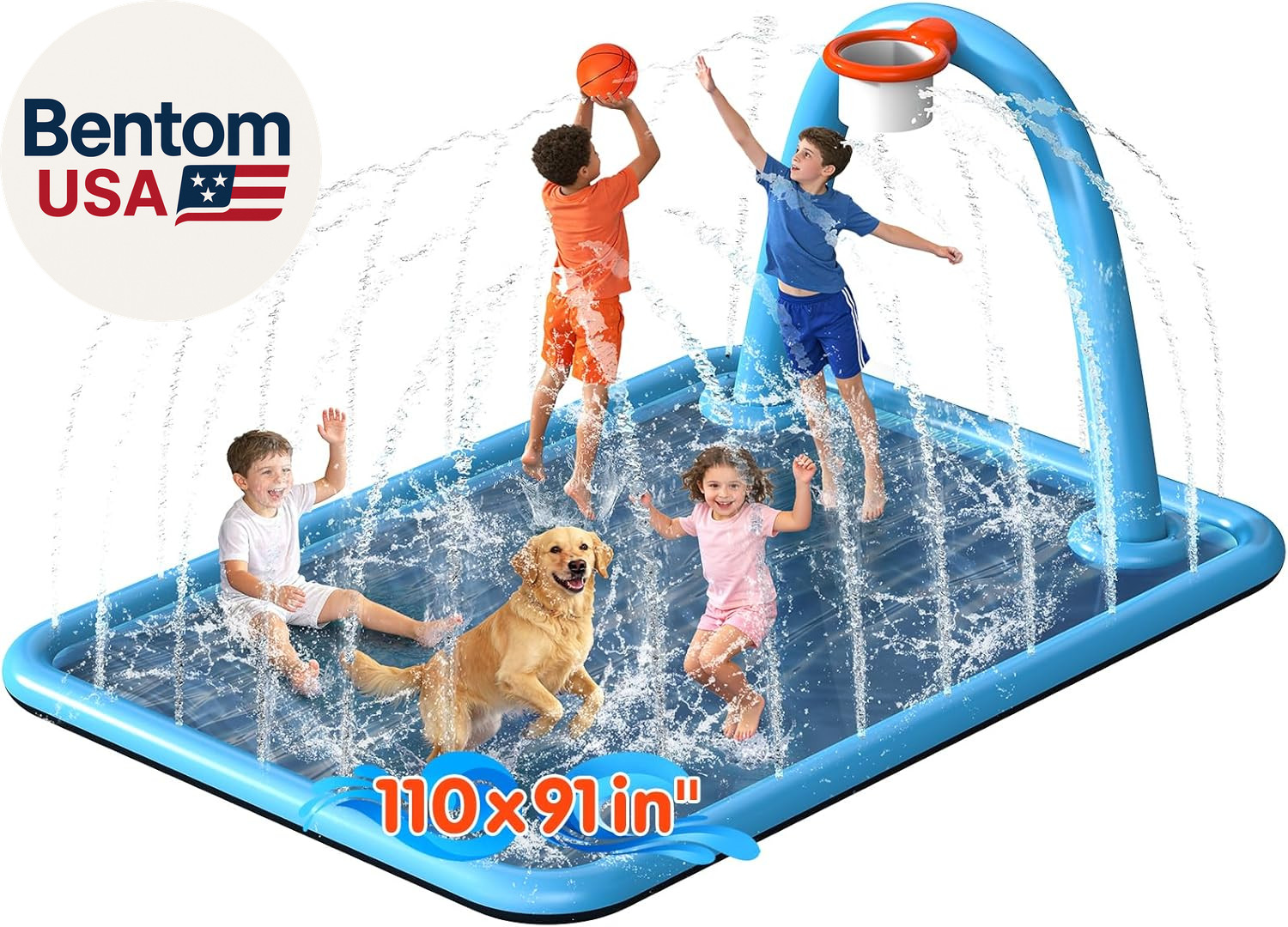 Splash Pad, 110X91'' 2-In-1 Large Sprinkler Mat with Basketball Hoop and Arch fo gallery