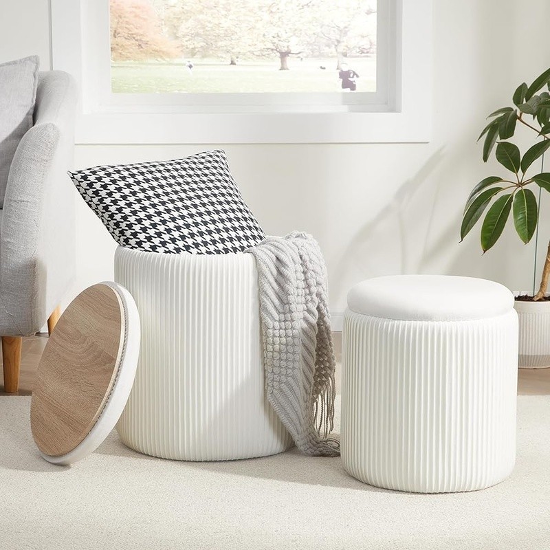 Round Storage Ottoman Set Stackable Footrest Vanity Stool W/ Ample Storage New gallery