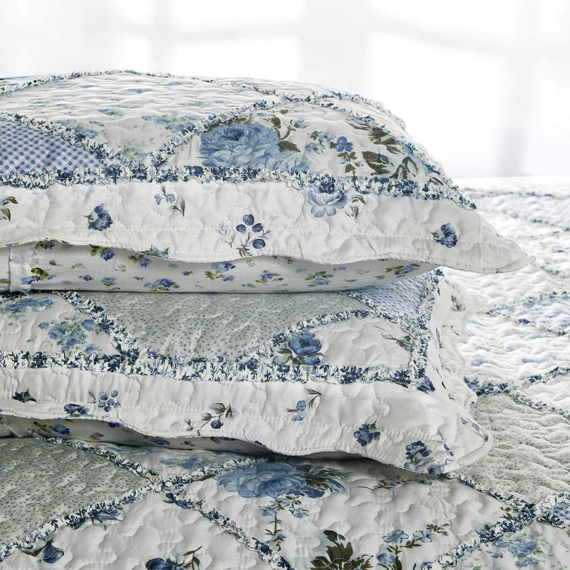Blue Floral Patchwork Quilt Set, Full Queen Size, 3 Piece Bedding Set with 2 ... gallery