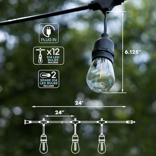 24FT LED Outdoor String Lights, Commercial Grade Waterproof, 12 Edison S14 gallery