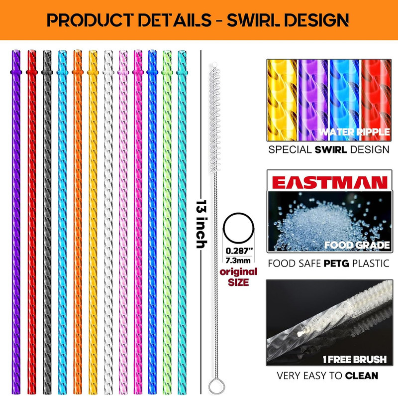 12-Pack Reusable Plastic Clear Swirl Straws, 13" Extra Long Colorful Hard Plasti gallery