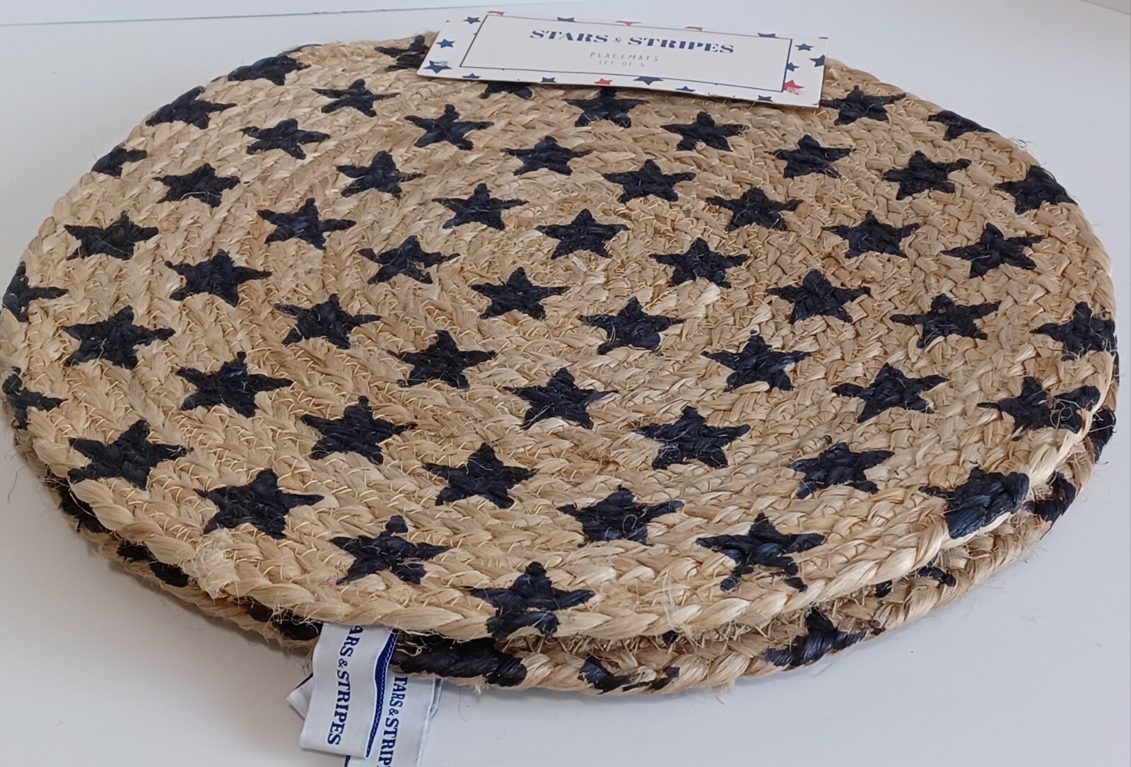 Stars & Stripes Placements Americana Patriotic NAVY STAR JUTE ROUND Set of 4 NWT gallery