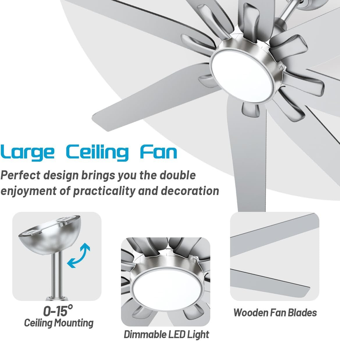 Brushed Nickel 62" Ceiling Fan with Light, 6-Speed DC Motor, Dimmable gallery