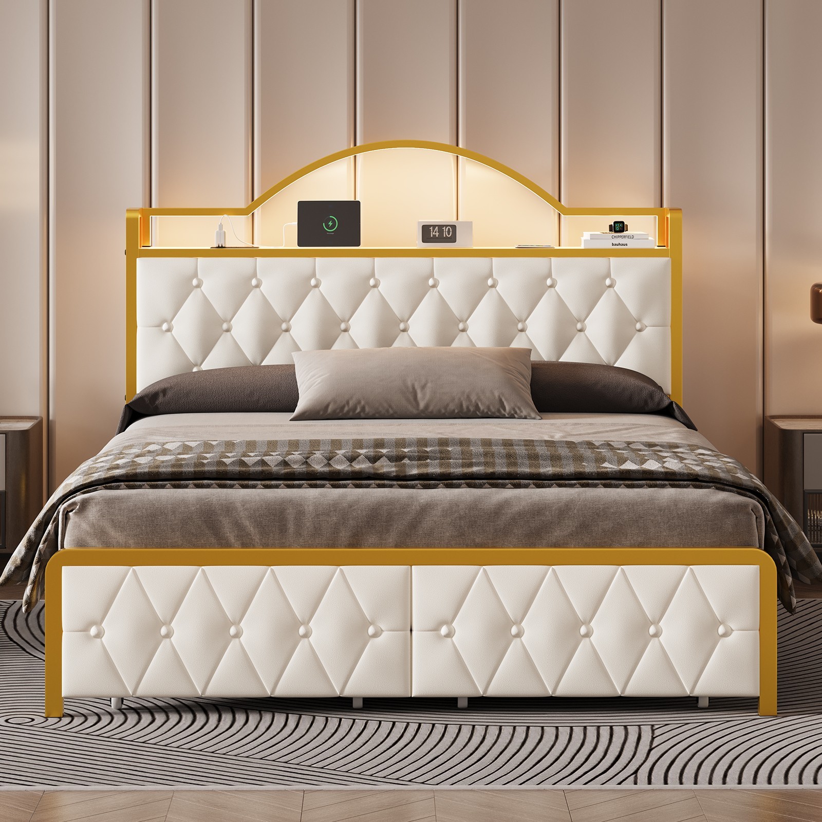 Full Upholstereded Bed Frame with 2 Storage Drawers, LED Lights,With Charging gallery