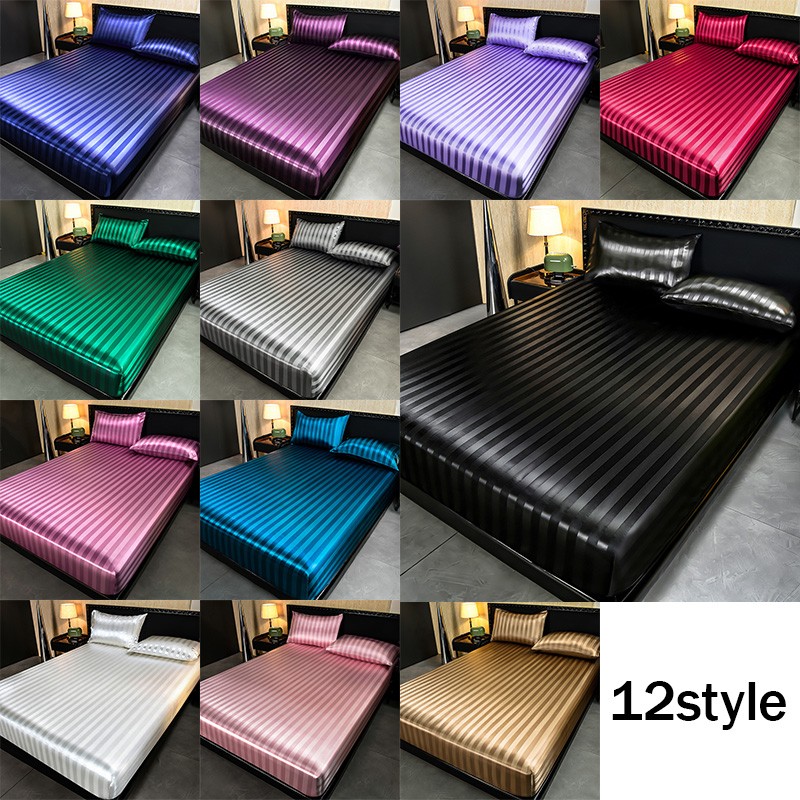 Luxury Satin Stripe Fitted Sheet Set Silky Ice Silk Bed Sheet Pillowcase Bedding gallery