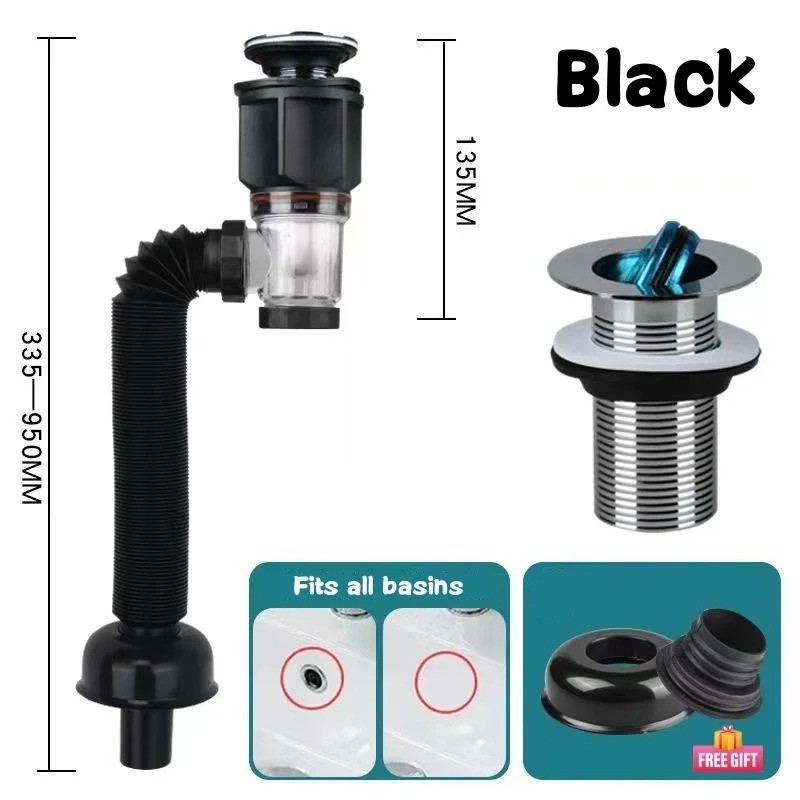 Black Universal Sink Drain Pipe Set Retractable Deodorant Sewer Drainage Water gallery