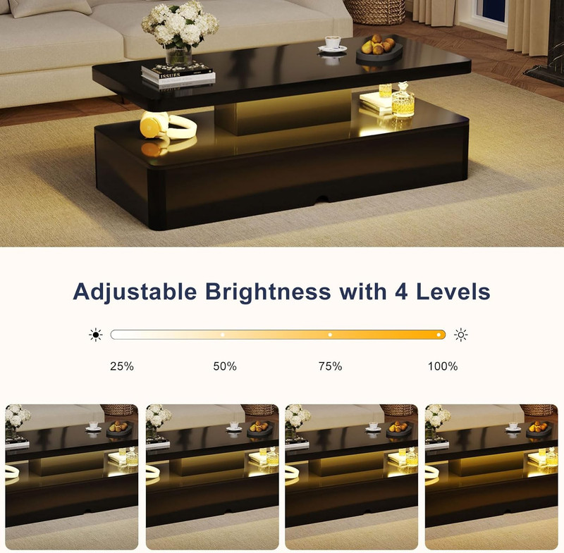 Modern Coffee Table, 40 Inches Coffee Tables with 16 Colors LED Lights, 2 Tier R gallery