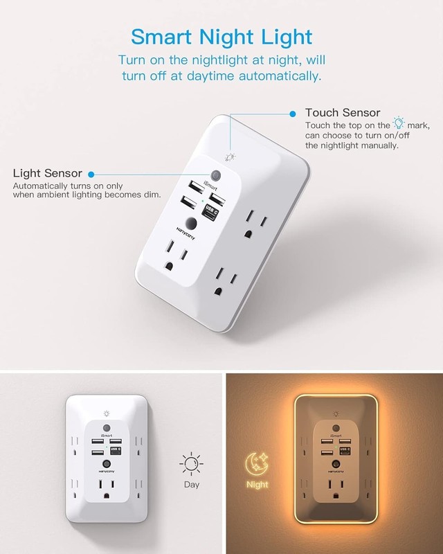Outlet Extender with Night Light, Multi Plug Outlet, USB Wall Charger Surge Prot gallery