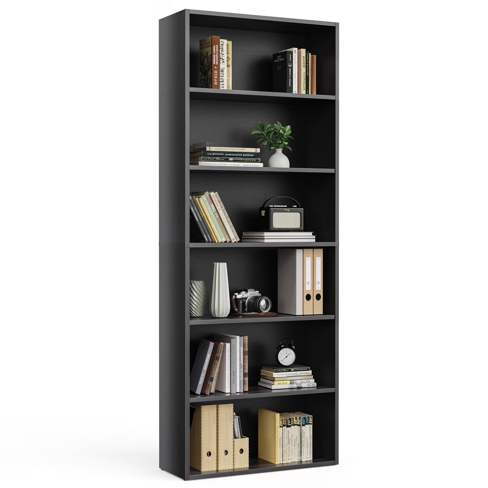 6-Tier Bookcase 63in Adjustable Shelves Anti-Tip Floor Standing Black Wood gallery